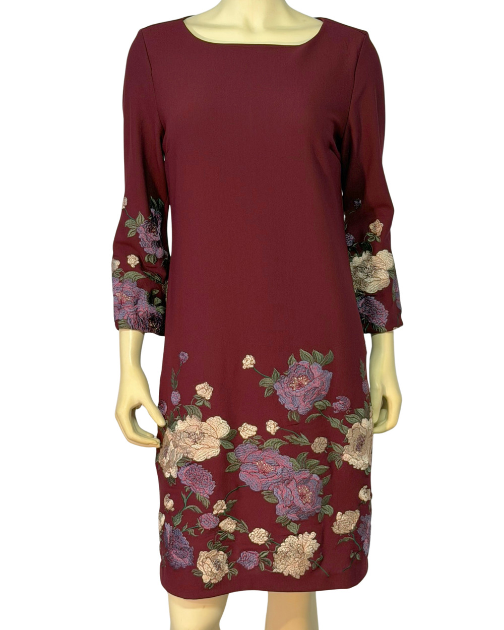 ICE Sz 6 Midi Shift Dress 3/4 Bell Sleeves Maroon with Floral Embroidery Retro